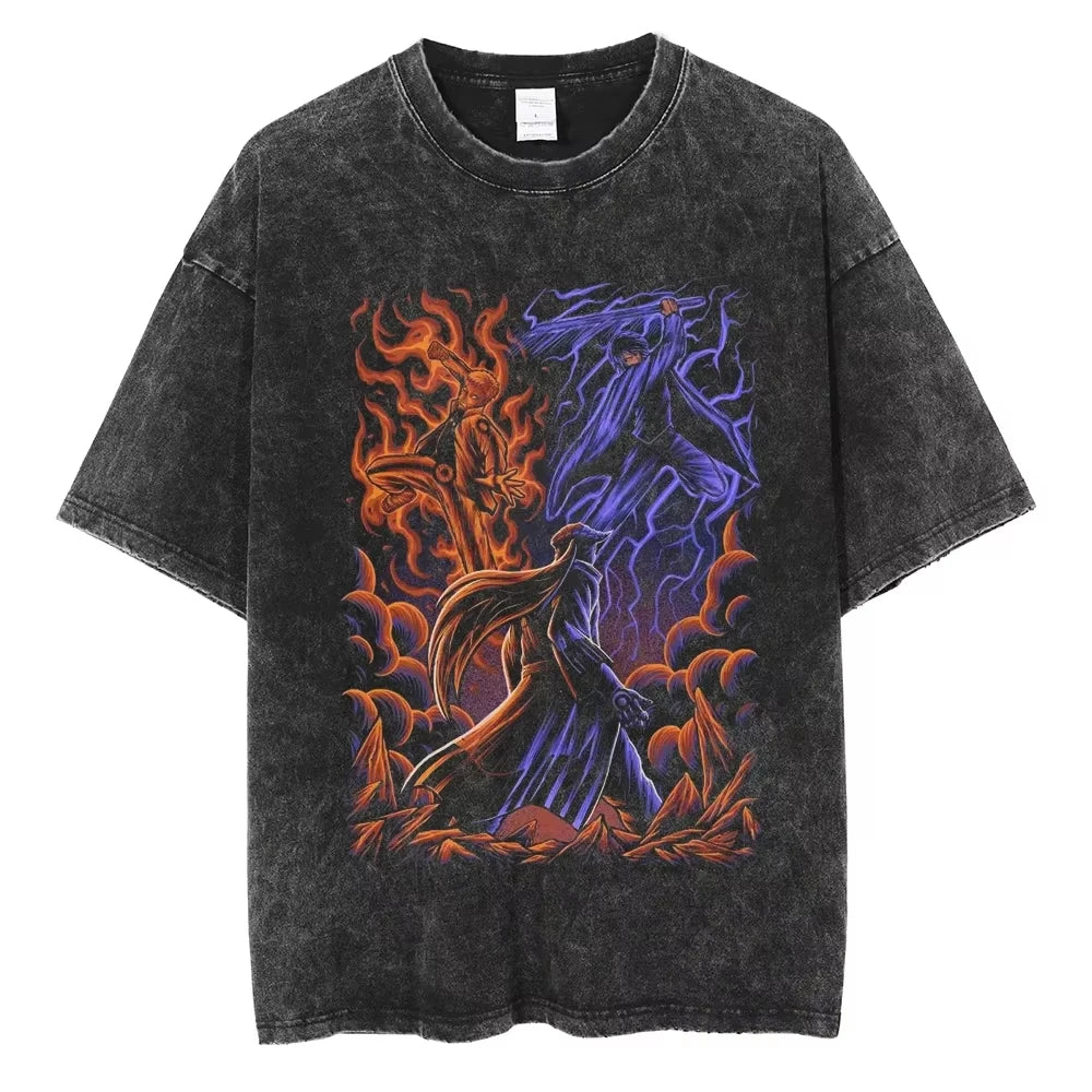 Hip Hop Streetwear Japanese Anime Naruto Print T Shirt Vintage Black T-Shirt Harajuku Cotton Casual Tops Men Short Sleeve Tshirt