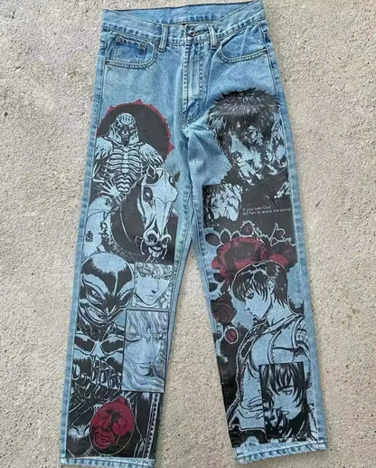 New Trend Printed Demon Slayer One Piece Jujutsu Kaisen Anime Characters Teen Loose Casual Jeans Japanese Retro Straight Jeans