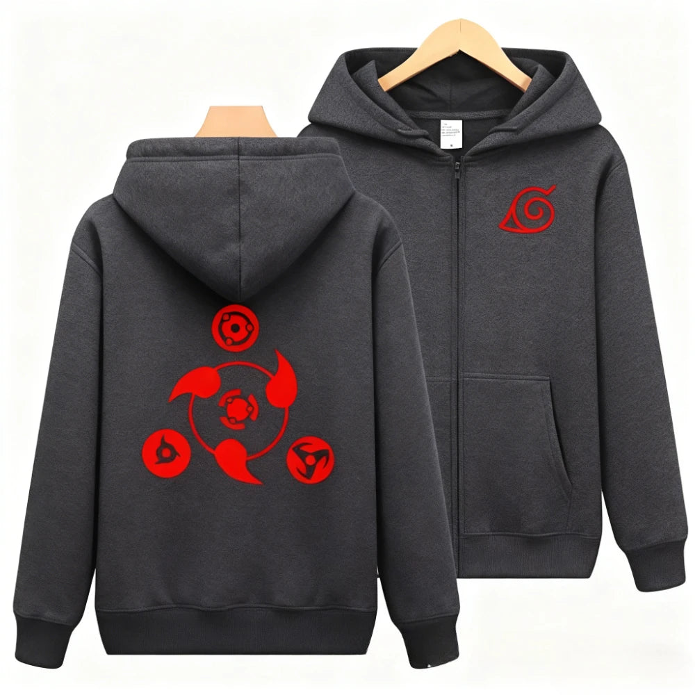 New Naruto Sharingan Printed Zipper Hoodie Men's Casual Sweatshirt Top Open Fleece Jacket Street Wear Comfortable Loose Shirt