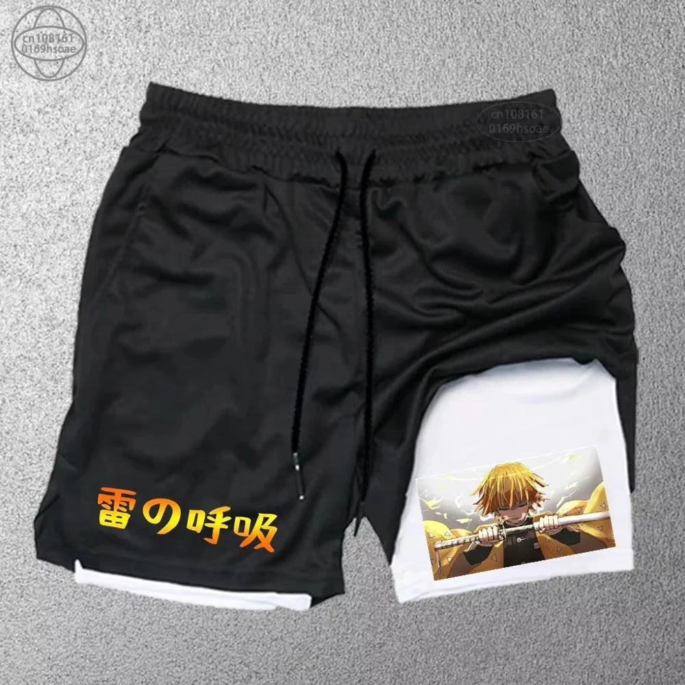 Demon Slayer Print Men's Shorts Summer Women's Double Layer Shorts Gym Running Sports 2-in-1 Pant Breathable Quick-Drying Shorts