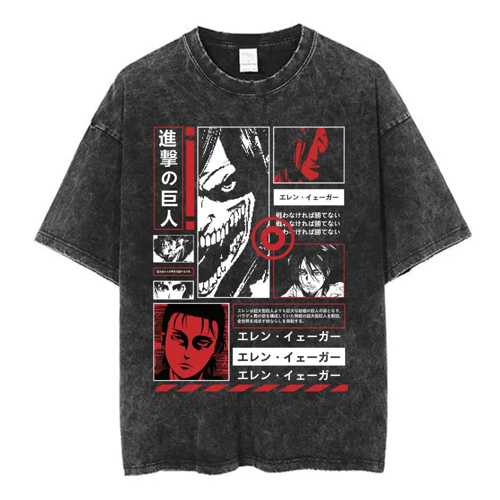 Vintage Washed Anime Attack on Titan Eren Jaeger T-shirt Men Women Fashion Short Sleeve T Shirts Cotton T-shirt Tops 2026 Summer