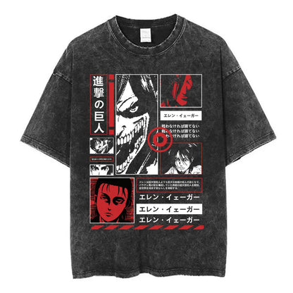 Vintage Washed Anime Attack on Titan Eren Jaeger T-shirt Men Women Fashion Short Sleeve T Shirts Cotton T-shirt Tops 2026 Summer