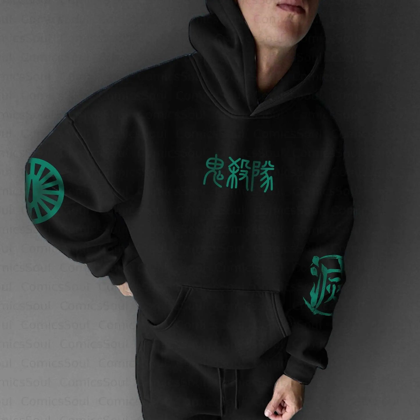 Black Hoodie Set with Demon Slayer Character Green Sword Glow Pattern Front and Back Print Sleeve Design Kimetsu No Yaiba Anime