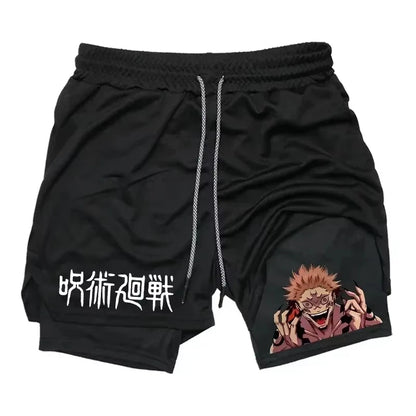 Sukuna Men's Double Layer 2-in-1 combat fitness pants Sports Shorts Jujutsu Kaisen Japanese Anime pocket Quick-Drying sweatpants