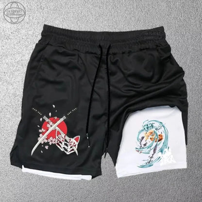 Demon Slayer Print Men's Shorts Summer Women's Double Layer Shorts Gym Running Sports 2-in-1 Pant Breathable Quick-Drying Shorts