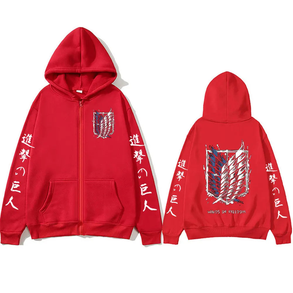 Anime Attack on Titan Zipper Hoodies Mikasa Ackerman Eren Jaeger Wings of Freedom Logo Zip Up Sweatshirts Pullovers Jacket Caots