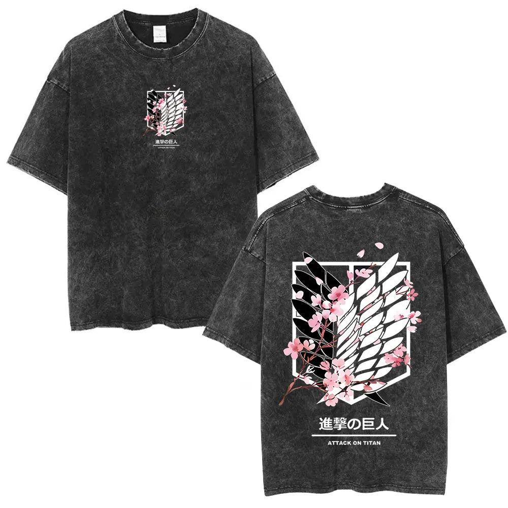 Vintage Washed Anime Attack on Titan Eren Jaeger T-shirt Men Women Fashion Short Sleeve T Shirts Cotton T-shirt Tops 2026 Summer