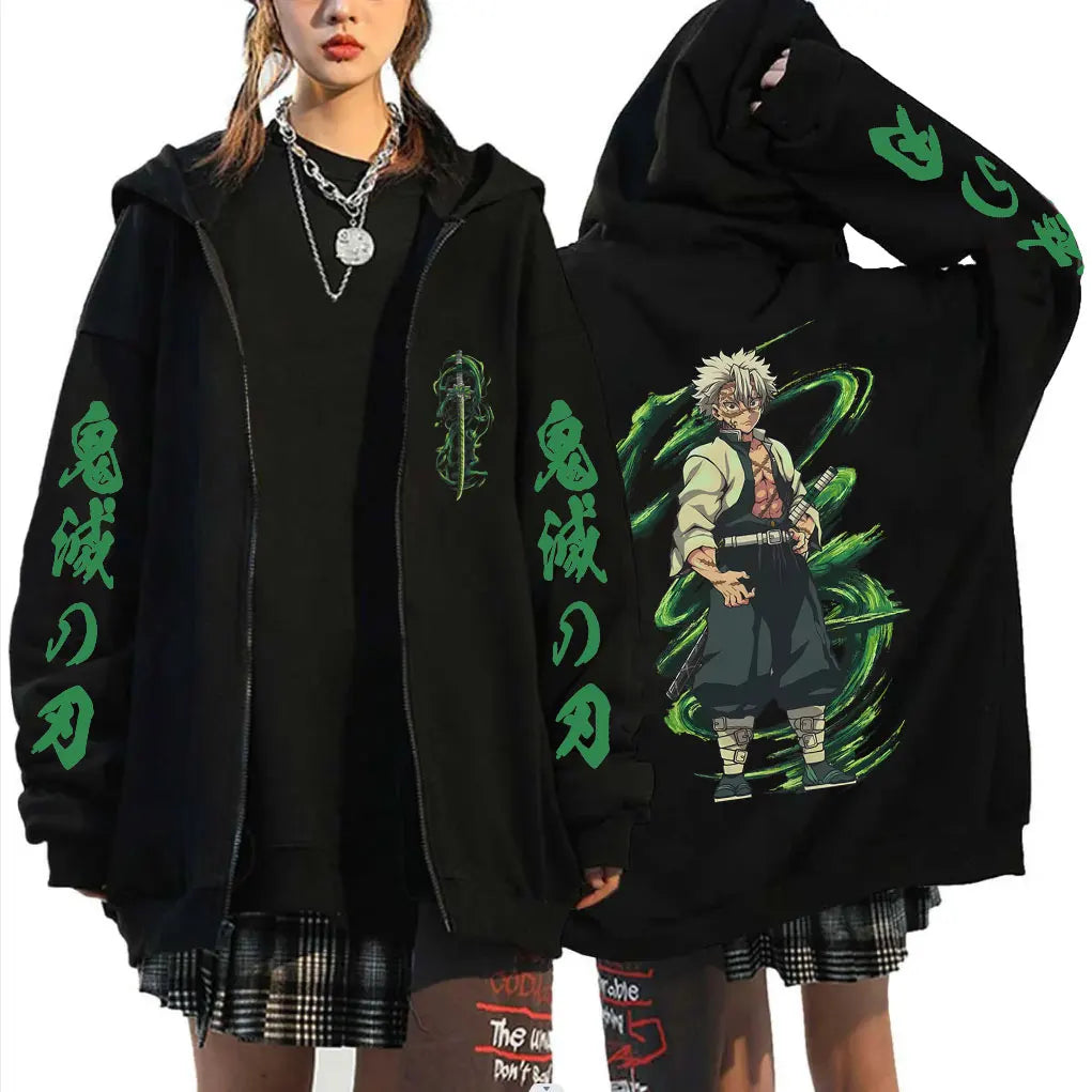 Demon Slayer Wind Hashira Shinazugawa Sanemi Merch Zipper Hoodie Men Women Clothing Cartoon Casual Oversized Zip Up Jacket