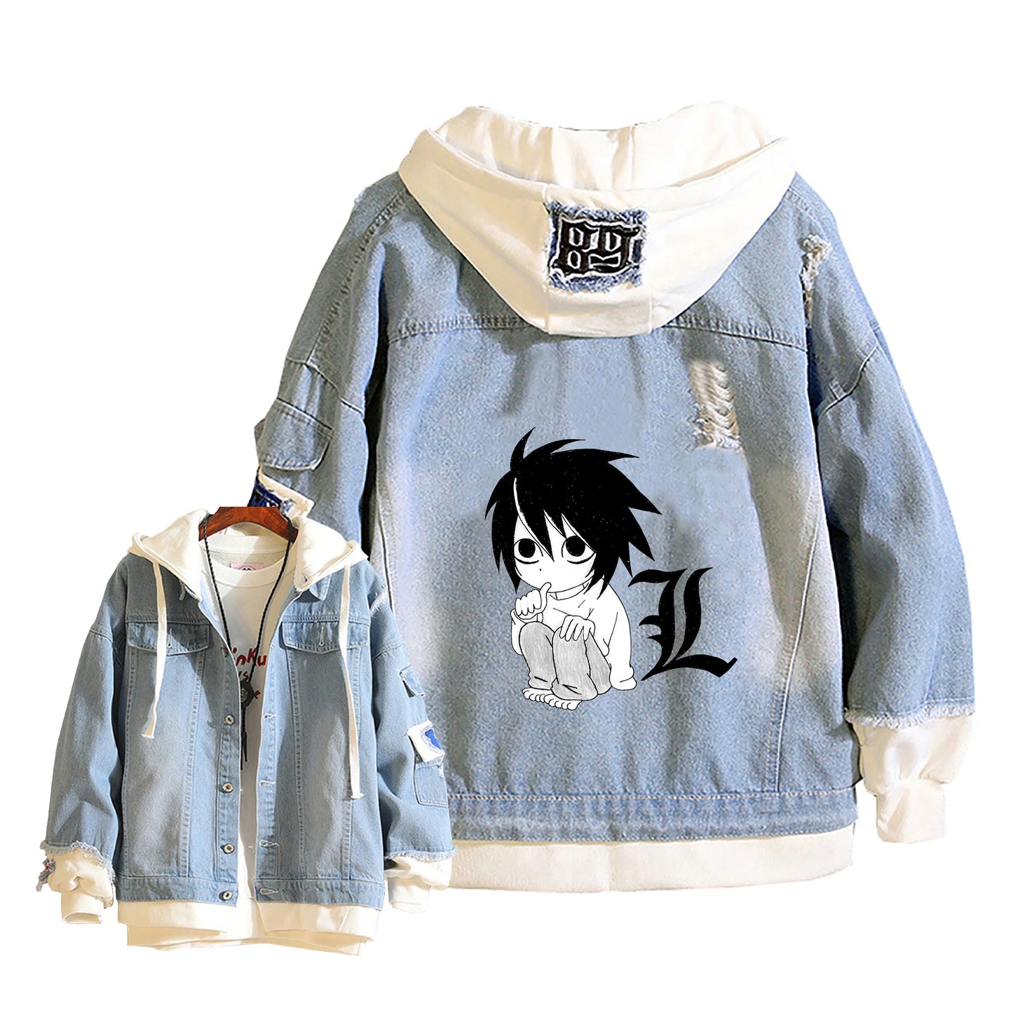 Anime Death Note Girls Loose Jeans Jacket Cartoon Ryuk Print Hoodie Streetwear Couple Sweatshirts Demin Hooded Coats Outerwear