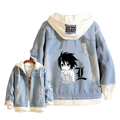 Anime Death Note Girls Loose Jeans Jacket Cartoon Ryuk Print Hoodie Streetwear Couple Sweatshirts Demin Hooded Coats Outerwear