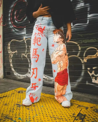 New Trend Printed Demon Slayer One Piece Jujutsu Kaisen Anime Characters Teen Loose Casual Jeans Japanese Retro Straight Jeans
