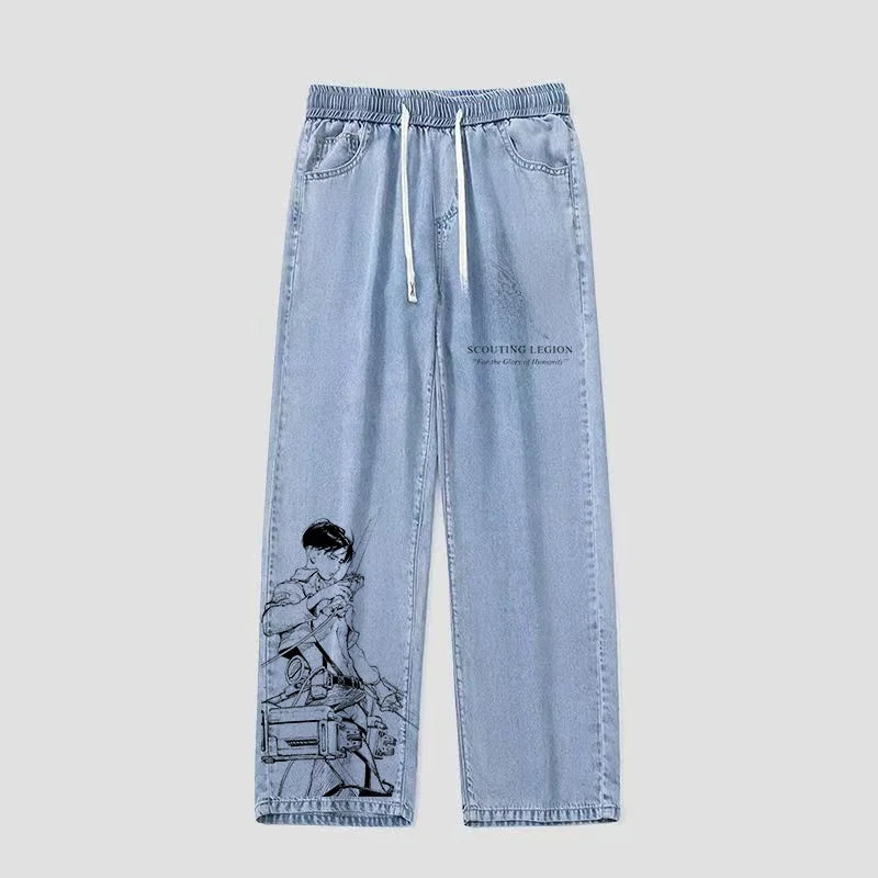 Original Atta on Titan Hand-Painted Jeans Free Wing Print Youthful Leisure Sle mid Waist Loose Fit Denim for Teens And St...