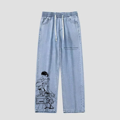 Original Atta on Titan Hand-Painted Jeans Free Wing Print Youthful Leisure Sle mid Waist Loose Fit Denim for Teens And St...