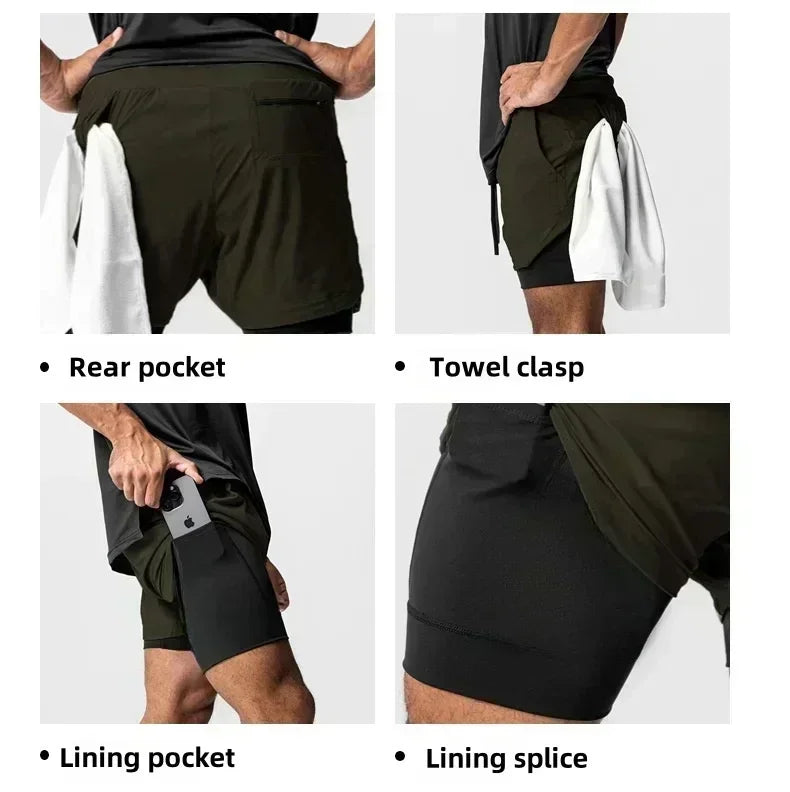 Demon Slayer Print Men's Shorts Summer Women's Double Layer Shorts Gym Running Sports 2-in-1 Pant Breathable Quick-Drying Shorts