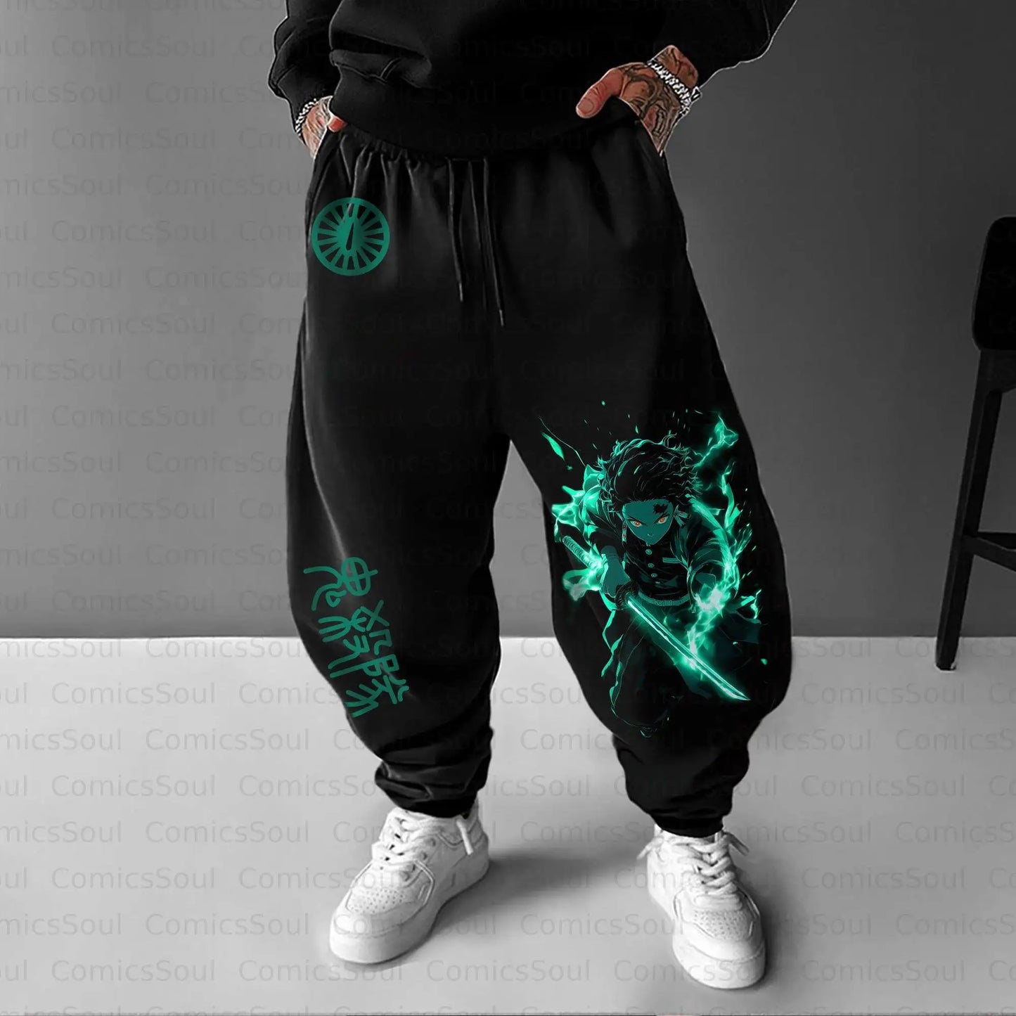Black Hoodie Set with Demon Slayer Character Green Sword Glow Pattern Front and Back Print Sleeve Design Kimetsu No Yaiba Anime