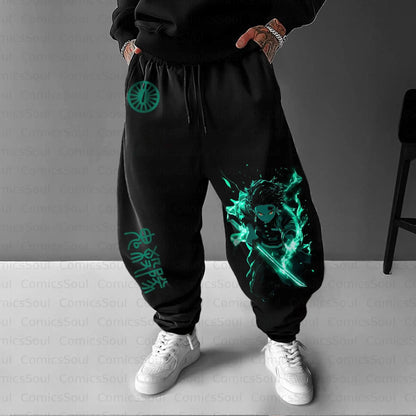 Black Hoodie Set with Demon Slayer Character Green Sword Glow Pattern Front and Back Print Sleeve Design Kimetsu No Yaiba Anime