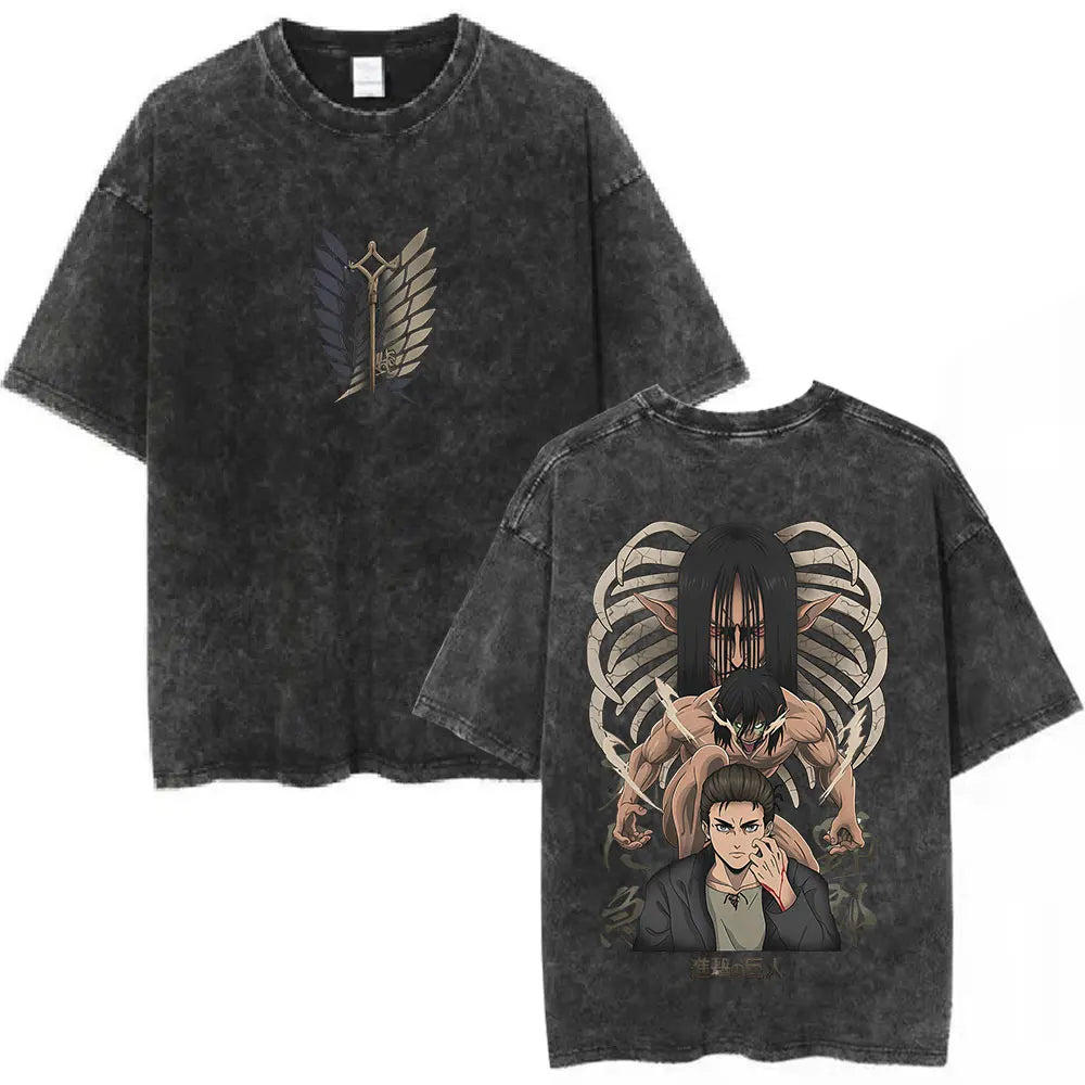 Vintage Washed Anime Attack on Titan Eren Jaeger T-shirt Men Women Fashion Short Sleeve T Shirts Cotton T-shirt Tops 2026 Summer