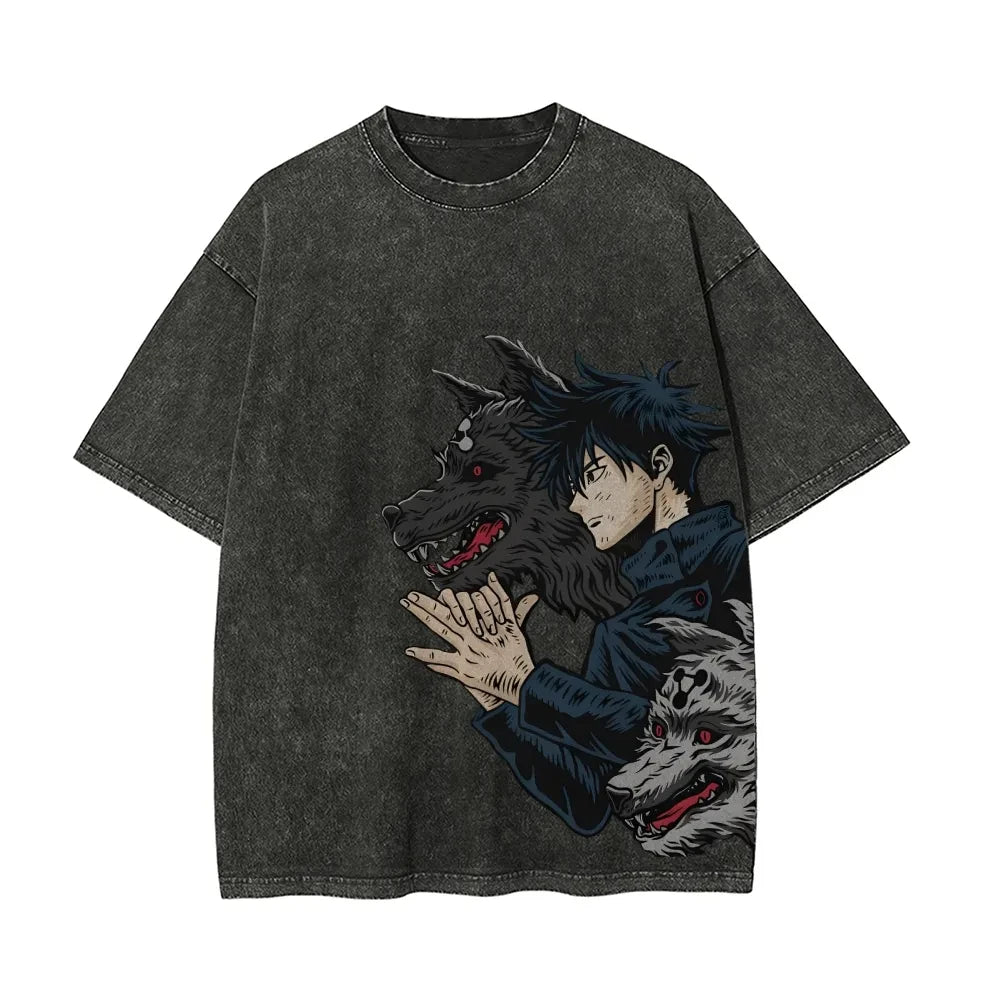 Megumi Fushiguro T Shirt Men Jujutsu Kaisen Divine Dog Vintage Acid Wash Streetwear Oversized Retro Japanese Anime Cotton Tees