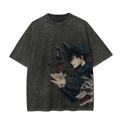 Megumi Fushiguro T Shirt Men Jujutsu Kaisen Divine Dog Vintage Acid Wash Streetwear Oversized Retro Japanese Anime Cotton Tees