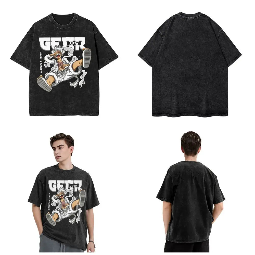 Harajuku Washed T Shirt Monkey D.Luffys O-One P-Piece Loose T-Shirts Hip Hop Tshirt for Men Summer Y2K Fun Print Clothing