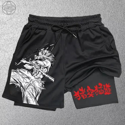 Demon Slayer Print Men's Shorts Summer Women's Double Layer Shorts Gym Running Sports 2-in-1 Pant Breathable Quick-Drying Shorts