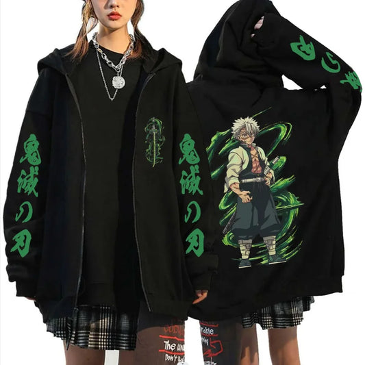 Demon Slayer Wind Hashira Shinazugawa Sanemi Merch Zipper Hoodie Men Women Clothing Cartoon Casual Oversized Zip Up Jacket