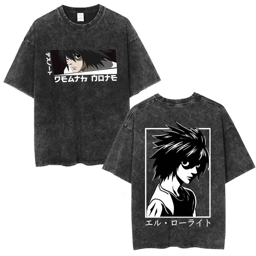 Washed Vintage Anime Death Note Ryuk T Shirts Men Women Fashion Oversized Crewneck T-shirts Men's Cartoon Manga Merch Streetwear