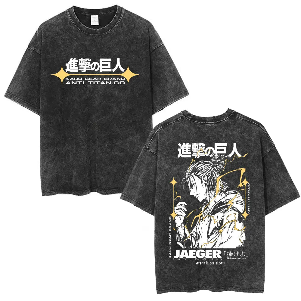 Vintage Washed Anime Attack on Titan Eren Jaeger T-shirt Men Women Fashion Short Sleeve T Shirts Cotton T-shirt Tops 2026 Summer