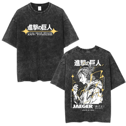 Vintage Washed Anime Attack on Titan Eren Jaeger T-shirt Men Women Fashion Short Sleeve T Shirts Cotton T-shirt Tops 2026 Summer