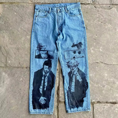 New Trend Printed Demon Slayer One Piece Jujutsu Kaisen Anime Characters Teen Loose Casual Jeans Japanese Retro Straight Jeans