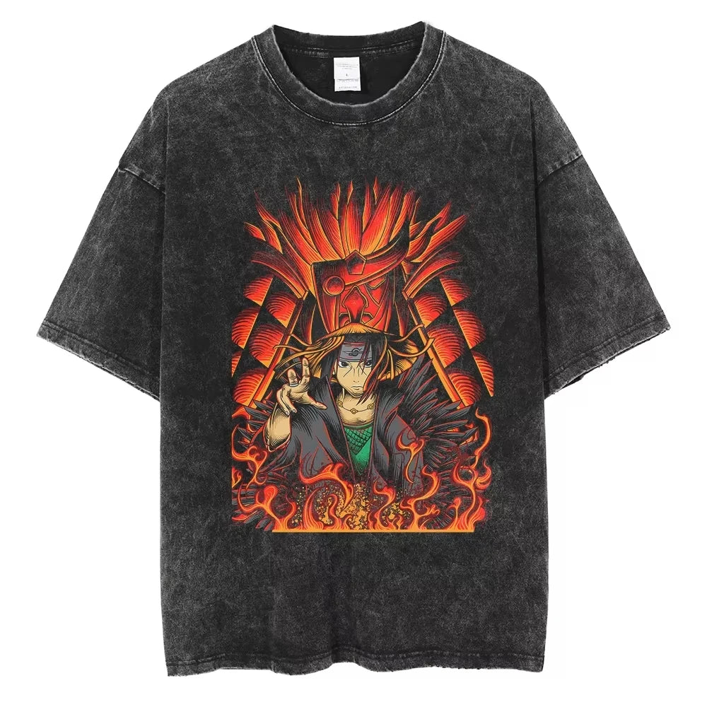Hip Hop Streetwear Japanese Anime Naruto Print T Shirt Vintage Black T-Shirt Harajuku Cotton Casual Tops Men Short Sleeve Tshirt
