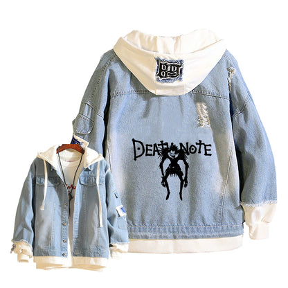 Anime Death Note Girls Loose Jeans Jacket Cartoon Ryuk Print Hoodie Streetwear Couple Sweatshirts Demin Hooded Coats Outerwear