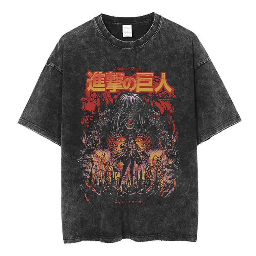 Vintage Washed Anime Attack on Titan Eren Jaeger T-shirt Men Women Fashion Short Sleeve T Shirts Cotton T-shirt Tops 2026 Summer