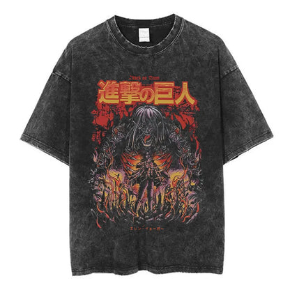 Vintage Washed Anime Attack on Titan Eren Jaeger T-shirt Men Women Fashion Short Sleeve T Shirts Cotton T-shirt Tops 2026 Summer