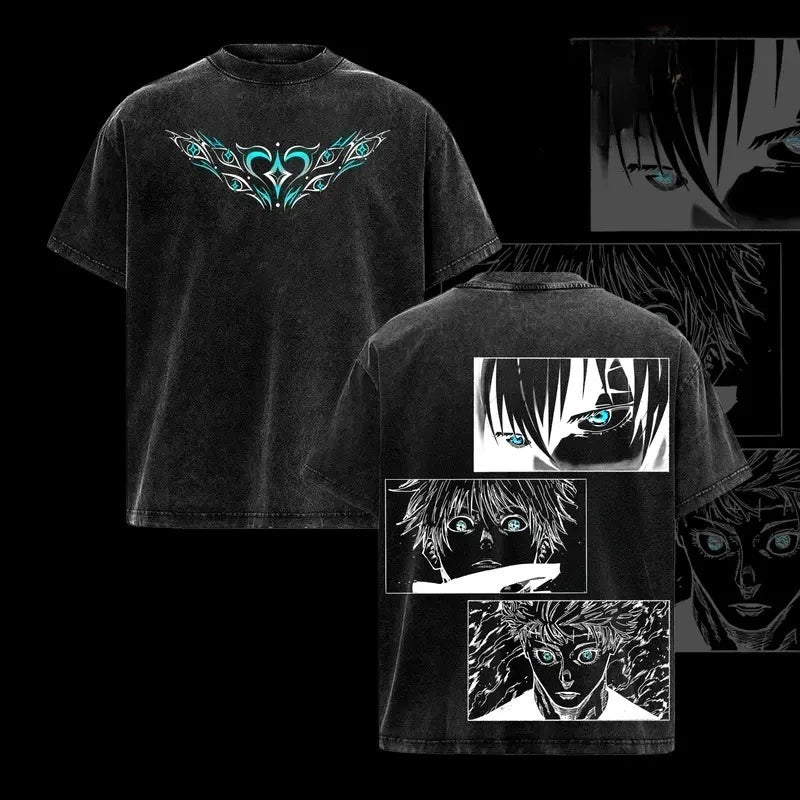 Harajuku Fashion Y2k Jujutsu Kaisen T-shirt Men's Clothing Anime Gojo Satoru Washed T Shirt Short Sleeve Cotton Loose Tees Tops