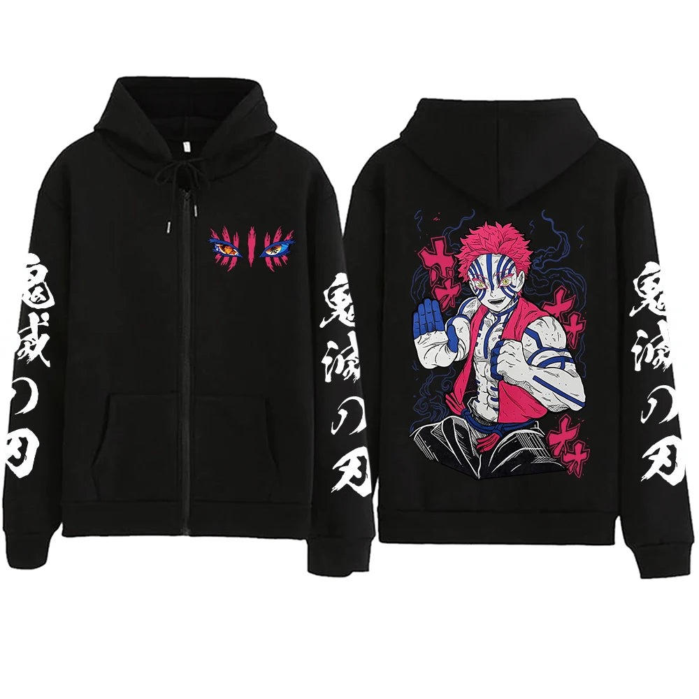 New Anime Demon Slayer Infinity Castle Akaza Printed Zipper Hoodie Harajuku Manga Oversized Pullover Hoodies Y2k Zip Up Hoodie