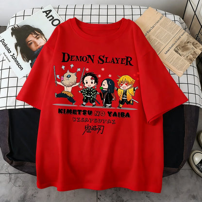 Plus Size Demon Slayer Summer Anime Printed Men, Women T-shirt Casual Parent Child Top Fashion Street Wear Harajuku Style Y2K
