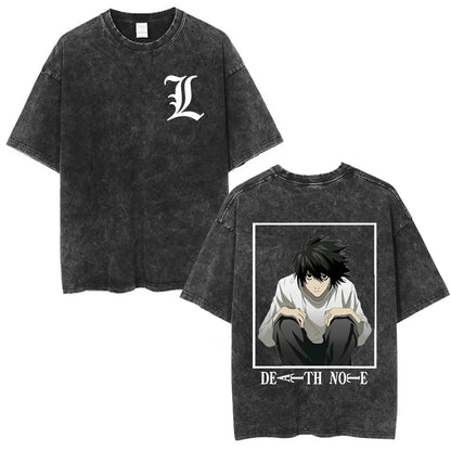 Washed Vintage Anime Death Note Ryuk T Shirts Men Women Fashion Oversized Crewneck T-shirts Men's Cartoon Manga Merch Streetwear