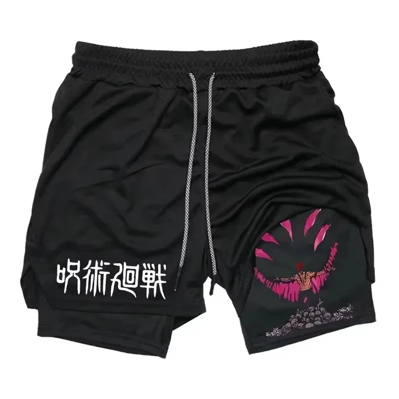 Sukuna Men's Double Layer 2-in-1 combat fitness pants Sports Shorts Jujutsu Kaisen Japanese Anime pocket Quick-Drying sweatpants