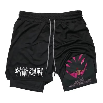 Sukuna Men's Double Layer 2-in-1 combat fitness pants Sports Shorts Jujutsu Kaisen Japanese Anime pocket Quick-Drying sweatpants