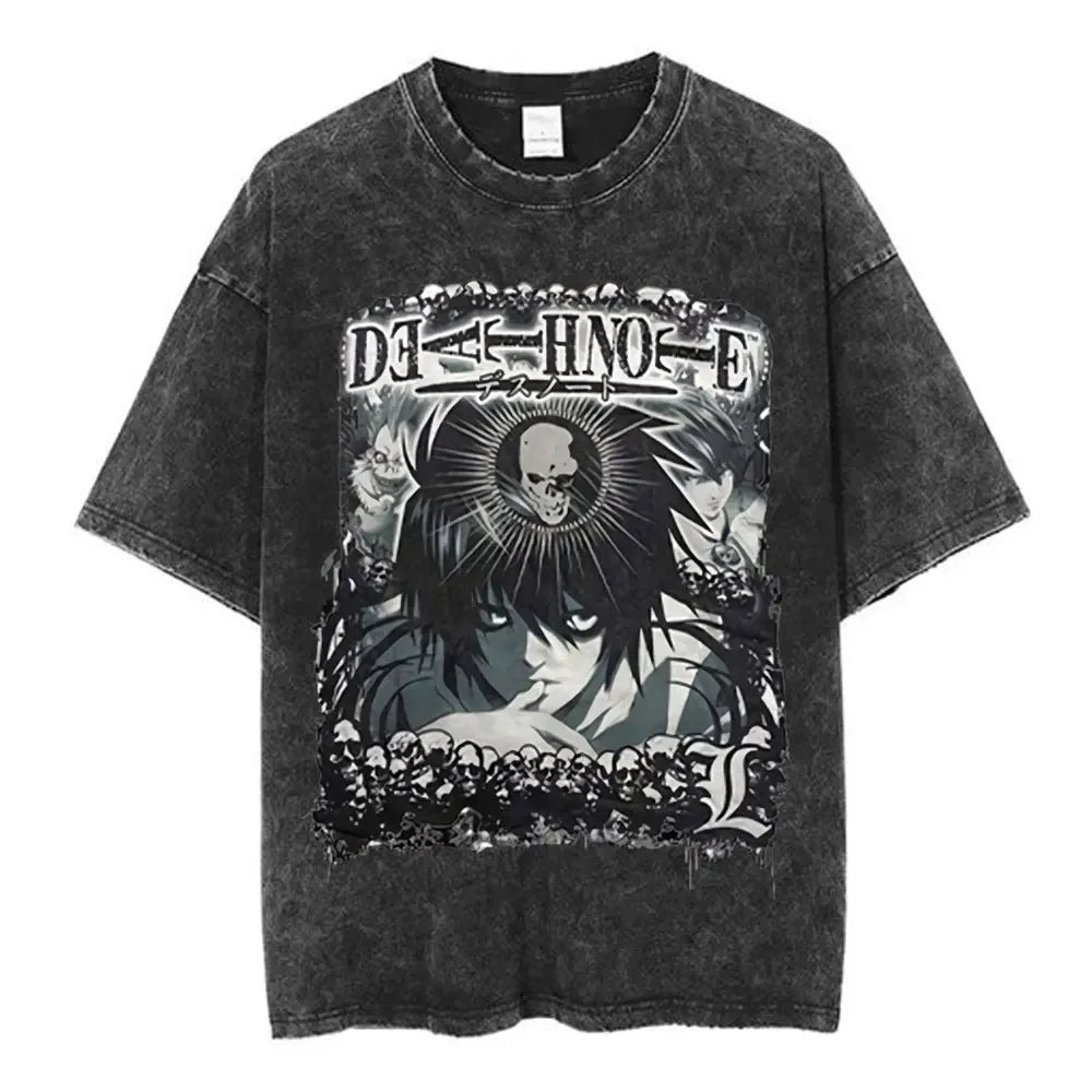 Washed Vintage Anime Death Note Ryuk T Shirts Men Women Fashion Oversized Crewneck T-shirts Men's Cartoon Manga Merch Streetwear