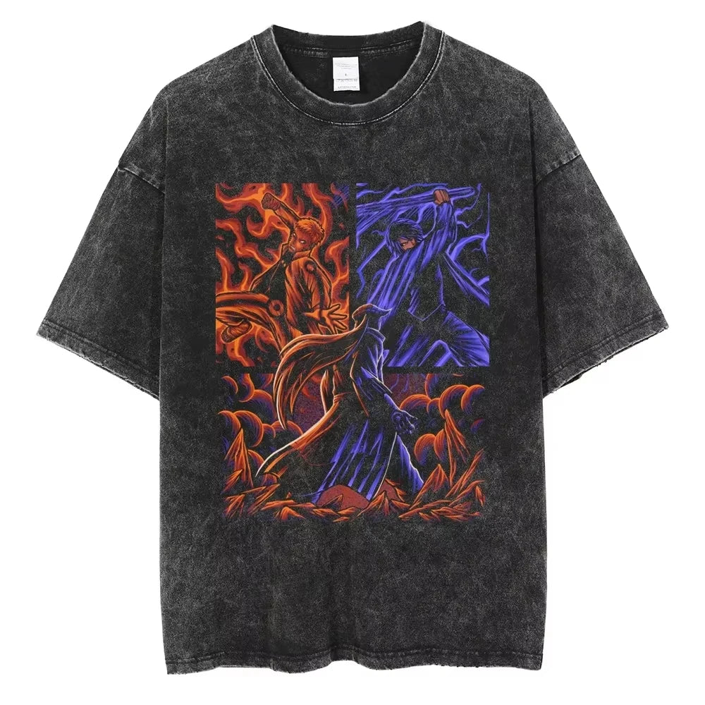 Hip Hop Streetwear Japanese Anime Naruto Print T Shirt Vintage Black T-Shirt Harajuku Cotton Casual Tops Men Short Sleeve Tshirt