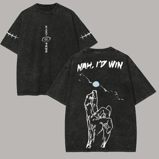 Gojo Nah Id Win T Shirt Jujutsu Kaisen Men Vintage Acid Wash Meme Anime Quote Streetwear Oversized Cotton Harajuku Tees 2026