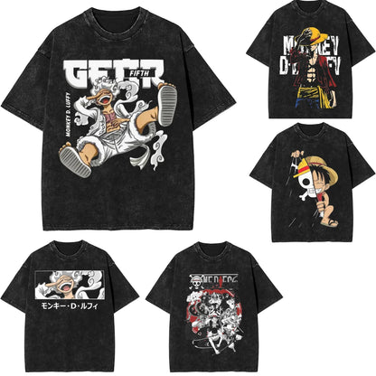 Harajuku Washed T Shirt Monkey D.Luffys O-One P-Piece Loose T-Shirts Hip Hop Tshirt for Men Summer Y2K Fun Print Clothing