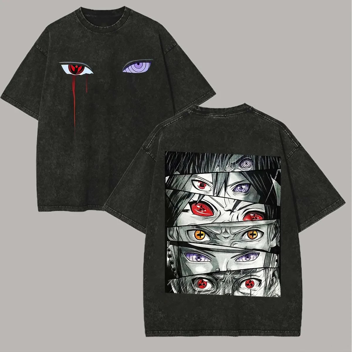 Sharingan T Shirt Naruto Men Acid Wash Back Print Rinnegan Eye Anime Graphic Cotton Streetwear Sasuke Madara Vintage Bootleg Tee