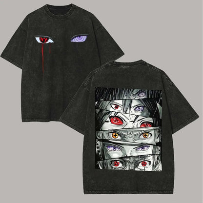 Sharingan T Shirt Naruto Men Acid Wash Back Print Rinnegan Eye Anime Graphic Cotton Streetwear Sasuke Madara Vintage Bootleg Tee