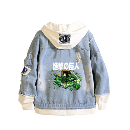 Anime Attack on Titan Unisex Streetwear Long Hooded Jeans Jacket Guilty Crown Death Note Harajuku Denim Patchwork Hoodies Coat
