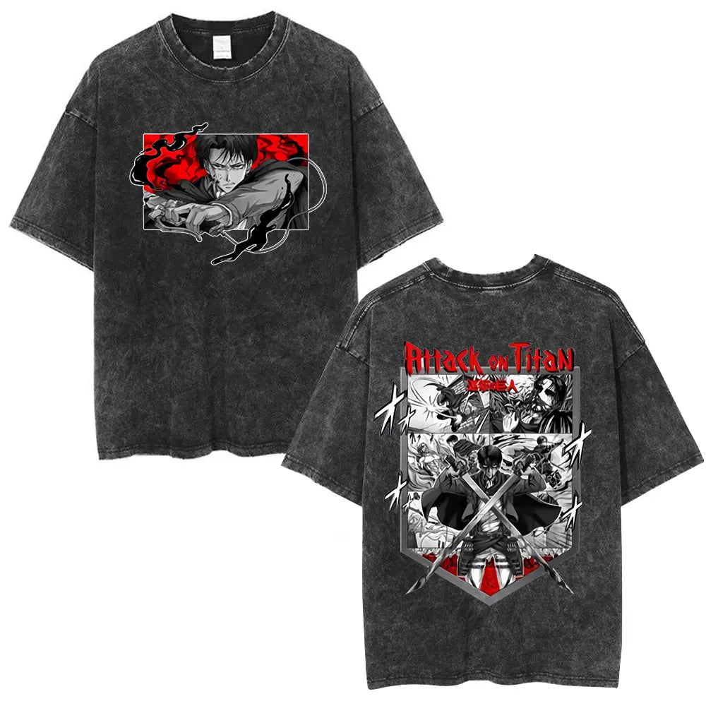 Vintage Washed Anime Attack on Titan Eren Jaeger T-shirt Men Women Fashion Short Sleeve T Shirts Cotton T-shirt Tops 2026 Summer