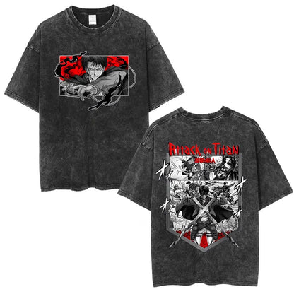 Vintage Washed Anime Attack on Titan Eren Jaeger T-shirt Men Women Fashion Short Sleeve T Shirts Cotton T-shirt Tops 2026 Summer