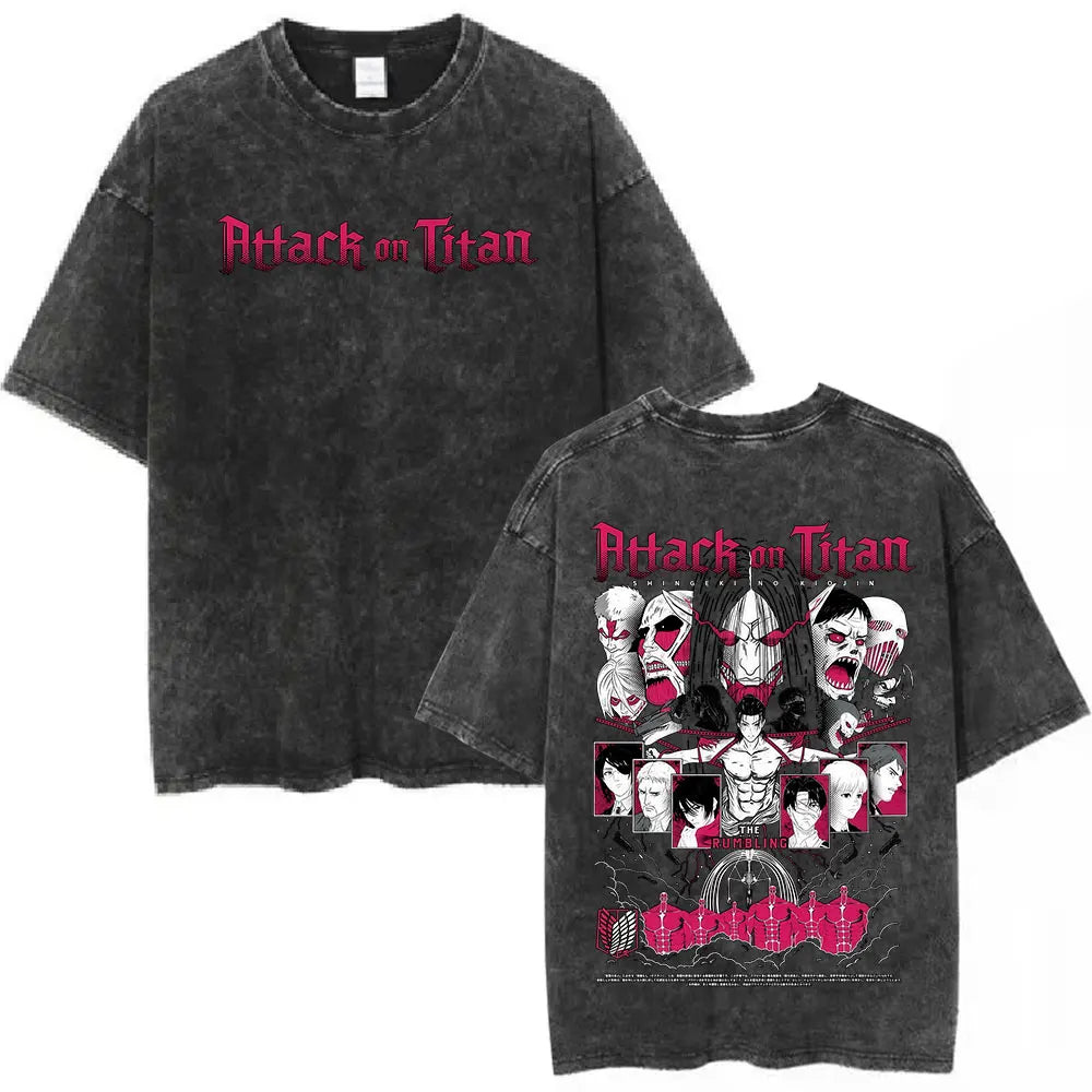Vintage Washed Anime Attack on Titan Eren Jaeger T-shirt Men Women Fashion Short Sleeve T Shirts Cotton T-shirt Tops 2026 Summer
